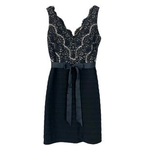 Vtg Stenay Scalloped Lace Crochet Bow Tiered Cocktail Dress Black Beige Size 10